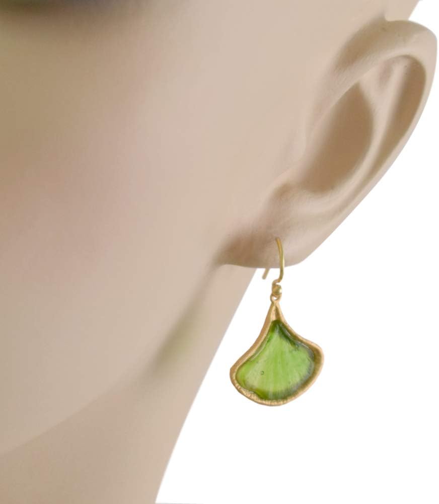 Cast Artisan Glass & Gold-Plated Earrings - Green Ginkgo Leaf
