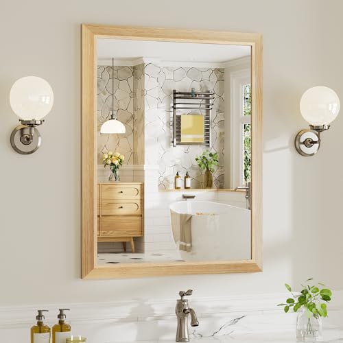 Image of 28x36 Inch Bathroom Mirror for Wall, Anti-Rust Oak Wood Grain Metal Framed Bathroom Mirrors for Over Sink,Rectangler Mirrors for Bathroom Vanity, Farmhouse, Bedroom, Living Room, Entryway Decor