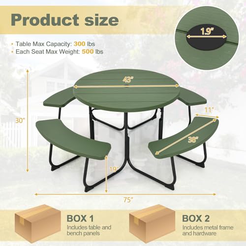 Image of Tangkula 8 Person Picnic Table, Outdoor Round Picnic Table with 4 Built-in Benches, Umbrella Hole, Metal Frame & HDPE Tabletop, Outside Table and Bench Set for Backyard, 2300lbs Weight Capacity