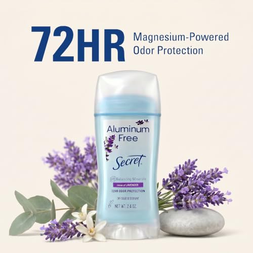 Image of Secret Aluminum Free Deodorant for Women, 48hr Odor Protection, Naturally Derived Ingredients, Free of Parabens Dyes Talc & Baking Soda, PH Balanced, Dry Solid, Lavender Scent, 2.4 oz
