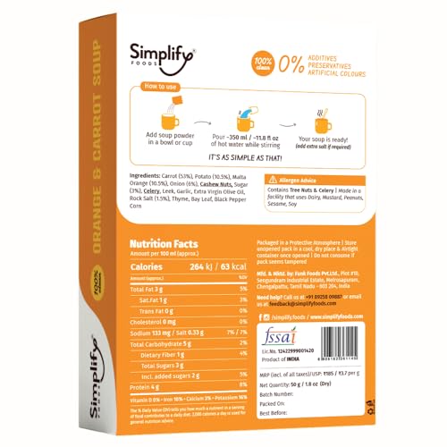 Image of Simplify Foods Carrot & Orange Instant Soup | Made with 53% Real Carrots & 10.5% Orange Pulp | Pack of 1 (Makes 400ml) | Just Add Hot Water | No Cooking Required | Clean Label | 0% Additives or Preservatives