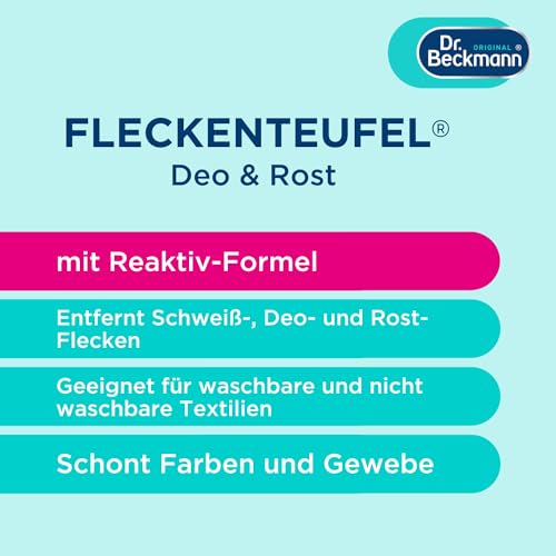 Dr. Beckmann Fleckenteufel Rost & Deo | Spezialfleckentferner gegen Rost-, Deo- und Schweiß-Flecken | 50 ml | Wasser 2