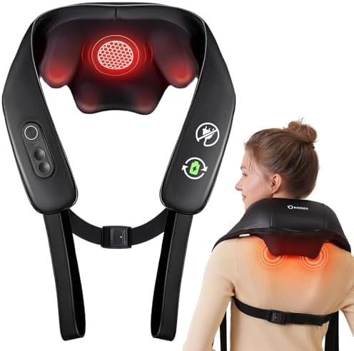 KNQZE Neck and Shoulder Massager with Heat, Cordless Back and Neck Massager, Upgraded Graphene Heating, 4D Shiatsu Deep Kneading Massage for Shoulder, Back,Leg,Pain Relief, Gift for Dad Mom (Black)