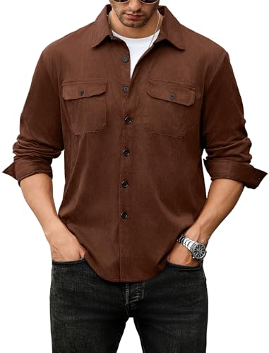Image of ZAFUL Men's Faux Suede Button Down Shirts Jacket Lightweight Shirt Jacket Long Sleeve Work Coat Solid Color Overshirt