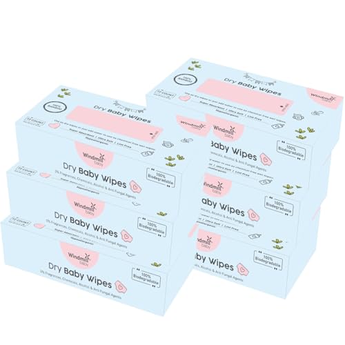 Image of Windmill baby Natural Dry Baby Wipes, 100% Hypoallergenic Chemical Free Wipes, Fragrance Free, for rash free diapering, perfect for newborns, 20cm x 20cm - Pack of 6 (72 count each)