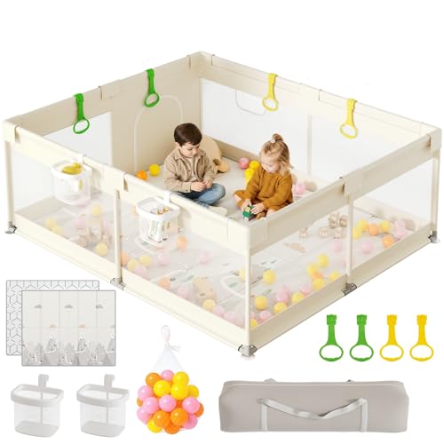 Image of Zeebaba Baby Playpen with Mat, 71x59 in Beige Indoor Play Yard