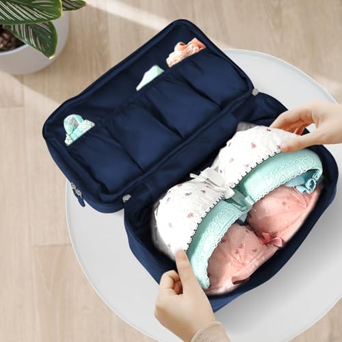 Travel Underwear Bra Organizer Bag, Large Capacity Travel Packing Organizer Waterproof Three Layer Packing Cube for Underwear, Socks, Toiletries, Cosmetics, Clothes, Towels - Navy