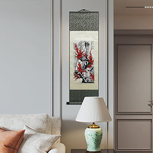 Atfart Asian Wall Decor Beautiful Silk Scroll Painting 4 Righteous Men Flowers - Plum Orchid Bamboo Chrysanthemum Oriental Decor Chinese Art Wall Scroll Hanging Painting Scroll (Plum) #TOP7
