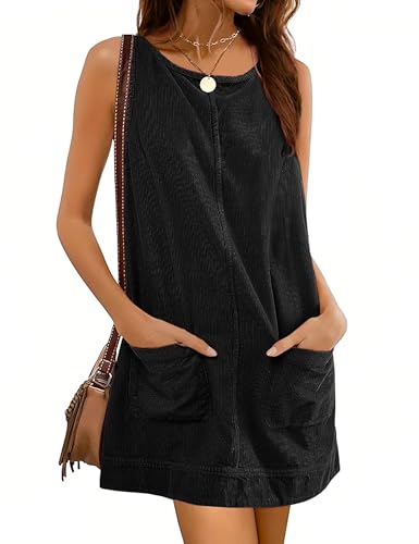 Image of Hooever Women's Corduroy Overall Dress Round Neck A Line Skirtall Jumper Mini Dress Pinafore with Pockets