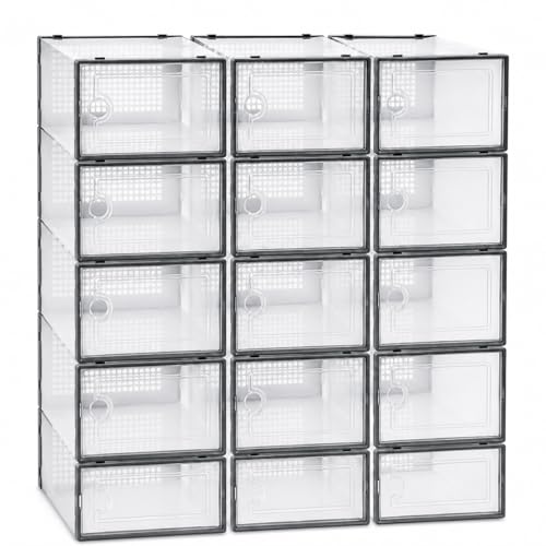 BozexPro Shoe Storage Boxes 12 Pack Stackable Clear Plastic Shoe Organiser with Lids Shoe Containers for Men & Women Space Saving Storage for Wardrobe & Hallway