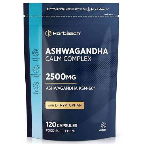 Ashwagandha KSM-66 Cápsulas Complex con Pimienta Negra| 120 Cápsulas Veganas| con L-Triptófano, Camomila, Extracto de Bálsamo de Limón y más! | Horbaach
