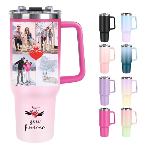 Image of Personalized 40oz Tumbler with Handle, Custom Insulated Tumblers with Pictures Logo, Stainless Steel Travel Coffee Mug, Personalized Gifts for Women Men Birthday Fathers Day Mothers Day (4 PHOTOES)