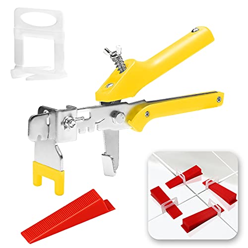 Tile Leveling System With Yellow Push Plier - Tile leveling Kit Includes 300 PCS 1/32" Tile Spacers Clips and 100 PCS Reusable Red Wedges for Floor&Wall Leveling, DIY Tile Tools for Installation