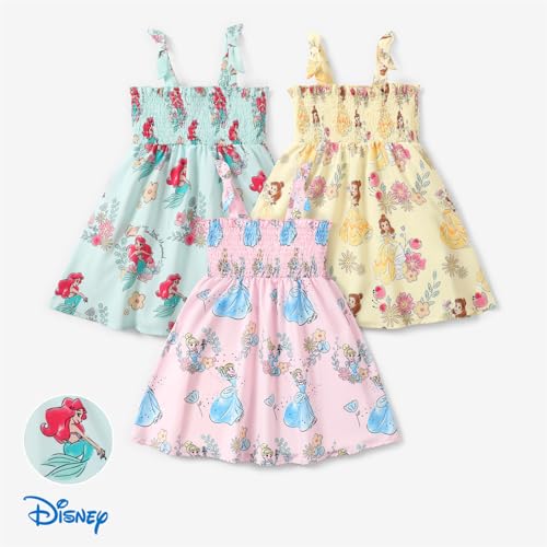Image of Disney Princess Frozen Elsa Minnie Stitch Toddler Girl Dress Bow Tie Straps Smocked Summer Outfit Birthday Party Clothes 2-9Y