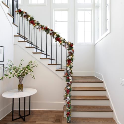 GarveeHome Prelit Christmas Garland for Mantle, 6ft Battery Operated Xmas Garland with 20 LED Lights Timer Red Green Balls for Fireplace Stair Railing TV Stand Indoor Outdoor Holiday Decor