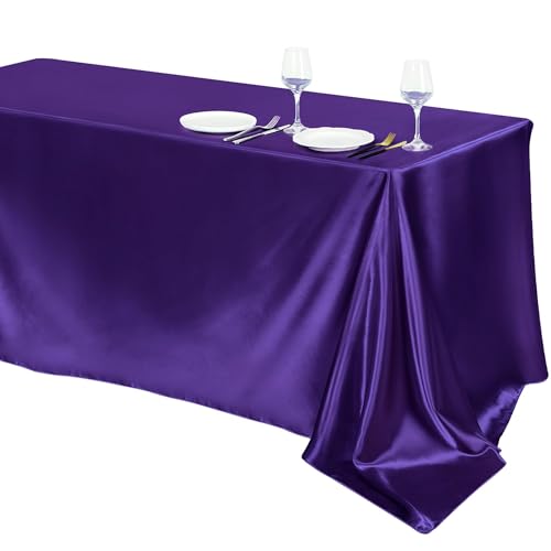 Image of TURSTIN 1 Pack Dark Purple Satin Tablecloth 102 x 58'' Overlay Table Cover