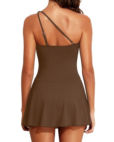 Image of Tempt Me Women One Piece Swim Dress One Shoulder Swimsuit | Tummy control, Skirted bottom, Adjustable shoulder straps, Removable bra