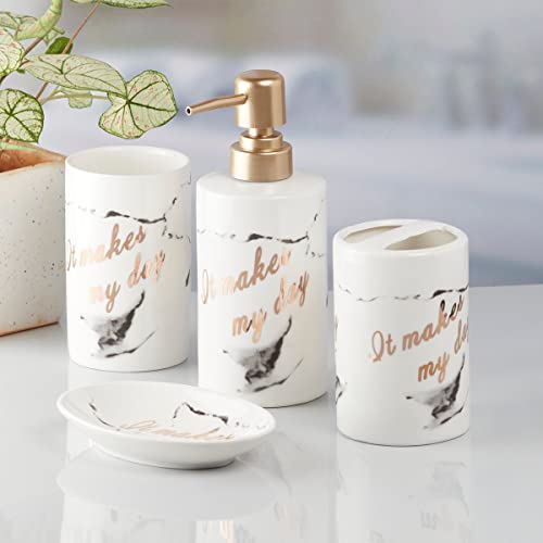 Image of SaSaSa Ceramic Bathroom Accessories Set of 4 Modern Bath Set with Soap Dispenser & Toothbrush Holder, Luxury Home & Gift Idea, White /Gold (7694)