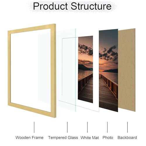 ccdcc 22x28 Picture Frame Set of 2, 22 x 28 Wood Poster Frames with Mat for 18x24, Wooden Photo Frames with Tempered Glass Cover for Wall Display, Gold by ccdcc - Used condition - Image 5