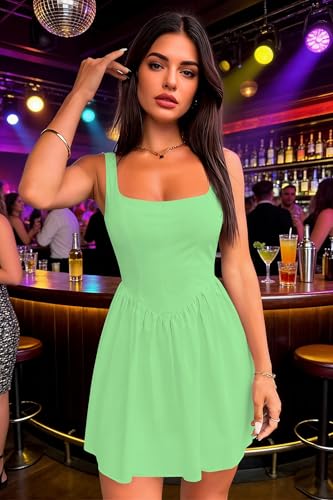 Image of Womens Square Neck Mini Dress Sexy Sleeveless Adjustable Straps Summer Cute A-Line Short Prom Cocktail Party Dresses