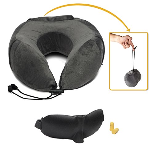 Jeddy Gear Travel Pillow & Carrier Bag in One! - Memory Foam Airplane Travel Pillow w Attached Carry Bag - Bonus Eye Mask & Ear Plugs