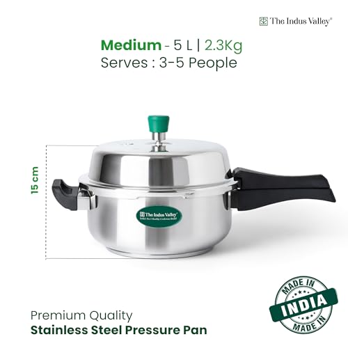 Image of The Indus Valley Stainless Steel Pressure Cooker 5Litres / Pressure Pan (Outer Lid) | Induction Friendly | Gas Compatible | Can Be Used as Frying Pan | ISI Certified | 3 Years Warranty