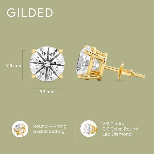 Gilded IGI Certified Lab-Grown Diamond 14KT White Gold and Yellow Gold Stud Earrings for Women| Hypoallergenic Fine Gold Jewelry | 4-Prong Basket, Screw Back Nut | VSI1 Clarity, E-F Color, Round Cut and Princess Cut | 1-2-3 Carat Total Weight4