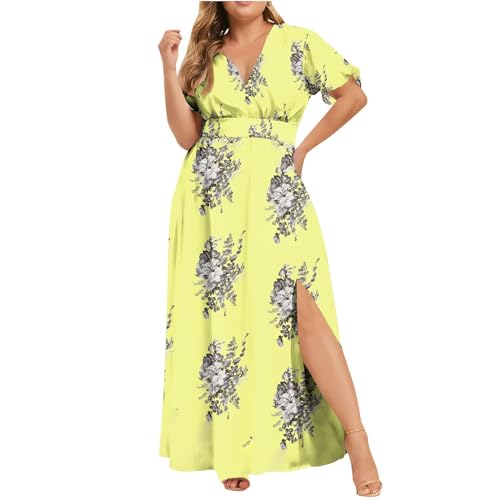 Vestidos largos para mujer, tallas grandes, vestidos de verano para mujer, elegantes y modernos, de manga corta, cuello en V, vestido largo casual con abertura, formal, talla grande, amarillo, L