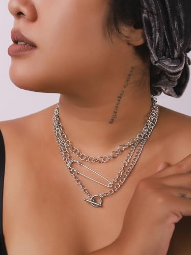 Sacina Goth Silver-tone Layered Choker Safety Pin Necklace, Chunky Chain Punk Necklace, Grunge Emo Christmas Jewelry Gift for Women2