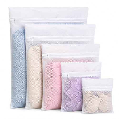 Kit 5 Sacos para Lavar Roupas Delicadas na Máquina, Bolsas Protetoras Reutilizáveis com Zíper, Tamanhos PP a GG, para Lingerie, Meias, Roupas de Bebê, Tecidos Finos e Viagem