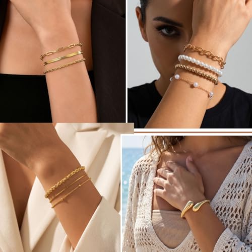 Image of Jewelry Set for Women with Multi Layer Necklaces Bracelets Hoop Earrings Set Stackable Knuckle Rings, 14k Gold Plated Jewerly Set for Everyday Styling and Gifting