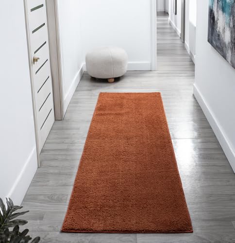Image of Rugs by Desire Comfy Washable Modern Living Room Rug Polyester Plain Indoor Area Rug with Low Pile - Anti-Slip Felt Backing SuperSoft Carpet Bedroom-Hallway, Terracotta, 60x200 cm