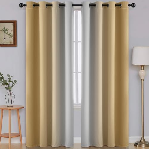 Image of SimpleHome Ombre Beige to Grey White Curtains for Living Room 52Wx96L | Room Darkening Curtains for Bedroom,Gradient Light Blocking Curtain,Thermal Insulated Grommet Window Drapes,2 Panels,96 Inch