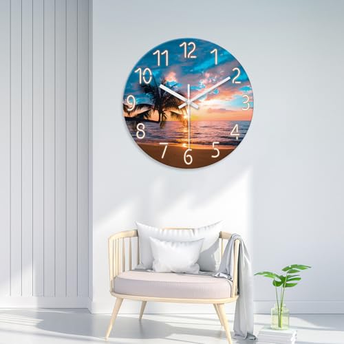 Image of XFM Large Coastal Glass Wall Clock 24 Inch for Living Room Sunset Beach | Silent Non Ticking Battery Operated Blue Nautical Modern Glass Decorative for Dining Room Bedroom Home Office
