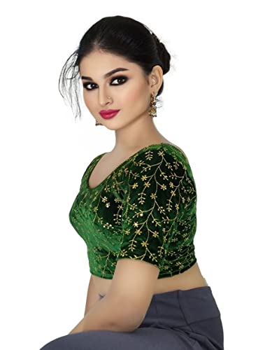 Image of PU Fashion Stylish Golden Embroidery Work Readymade Stretchable Velvet Blouse - Soft Breathable Fabric, Saree Blouse for Women