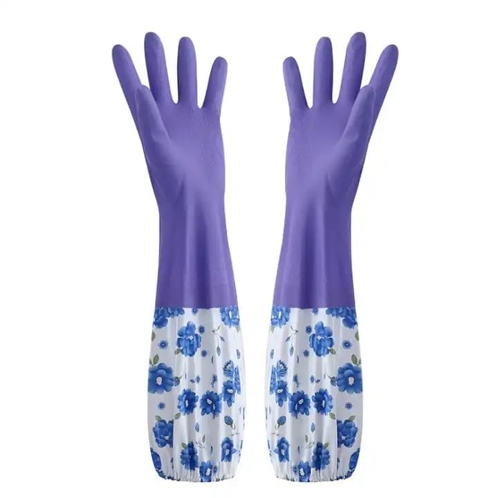 Image of GDNK Reusable Rubber Latex PVC Flock lined Long Sleeves elbow length Hand Gloves for Kitchen Dish-Washing, Cleaning Gloves (Pack of 2) (Green + Purple)