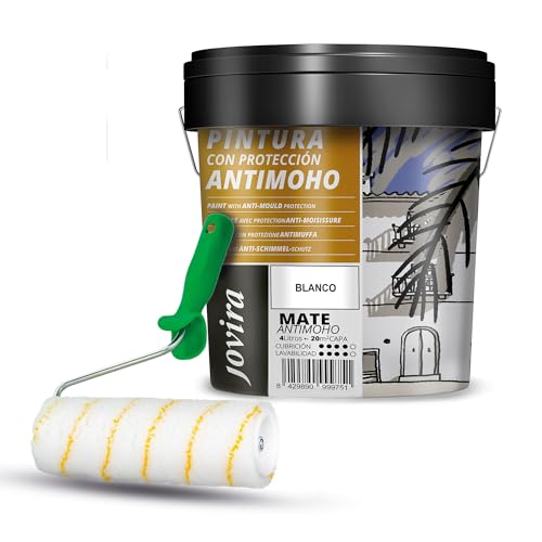 JOVIRA PINTURAS Pintura Antimoho Blanco | 6 Kilos |, Evita el moho, resistente a la aparición de moho en paredes + Rodillo antigota 22 cm (4 Litros + Rodillo antigota 22 cm)