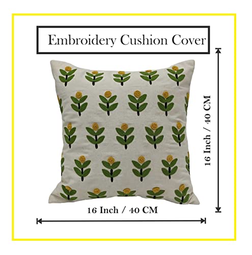 Image of Decorative Embroidery Cushion Covers-Yellow &Green(Pack of 5 Pc)|16X16 Inches |100% Cotton Covers|Zipper Closure,Decorative Square Throw Pillow for LivingRoom (Size-40cmx40cm)