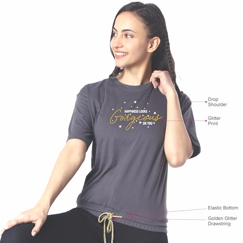 Image of London Hills Women's Cotton Oversized Fit Printed T-Shirt Half Sleeve Oversized t Shirts Drop Shoulder Tshirt