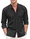 COOFANDY Men's Cotton Linen Shirts Banded Collar Summer Shirts Casual Beach Wear Black