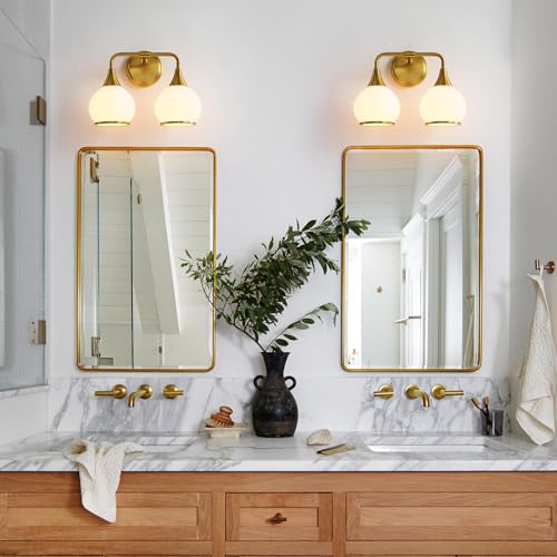 Image of Brushed Gold Bathroom Light Fixtures 2-Lights Vanity Lights with Milky White Frosted Glass Shade Bathroom Vanity Light 14 inch Wall Sconce Lighting Bath(Exclude E26 Bulb)