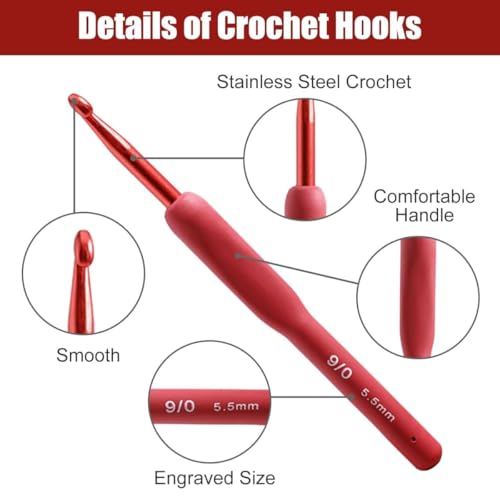 Image of VIRADHAM Ergonomic Crochet Hook Set, 9-Piece Soft Touch Aluminum Crochet Hooks (2.0-6.0mm), Red Knitting Needles for Arthritic Hands, Comfortable Grip Crochet Kit for Beginners & Professionals (9 Pcs RED)