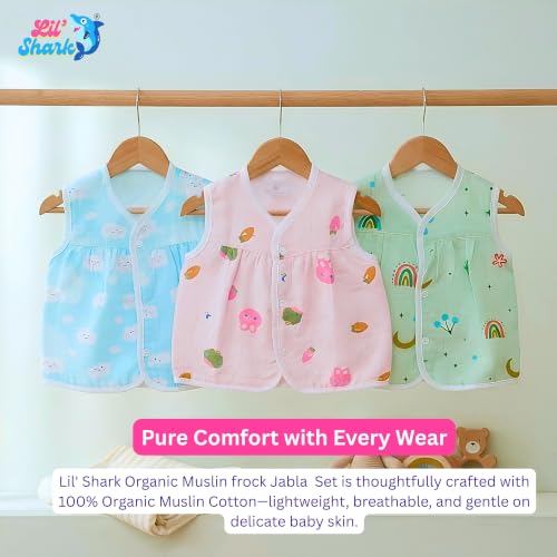 Image of Lil' Shark Muslin Cotton Frock Jhabla Set for Newborn Baby Girls | Sleeveless Vests | Summer Baby Dress 0-12 Months | Breathable Clothes | Assorted Prints