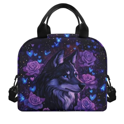 Rose Wolf Girl Backpack and Lunch Box Set 17 Inch Large Capacity Easy Clean Lightweight Children Pencil Case Pouch Kids Personalized Bookmark 4 Piece No Fading 1Th 2Th 3Th Grade3