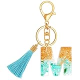 Chaveiros com letra inicial para meninas e mulheres, chaveiro de borla fofo ciano para mochila escolar, Azul - M, Standard