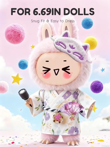 Image of Clothes for LABUBU 6.7inch (17cm) Doll, Cute Outfit Small Dress and Hairpin, Dress Up, Accessories (No Doll) (Purple Kimono)