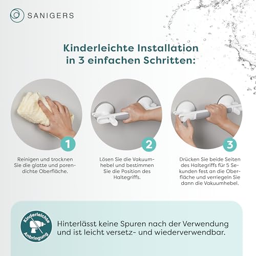 SANIGERS® Haltegriff mit Saugnapf I EXTRA STARKER HALT 110 KG I 33 CM Haltegriff Dusche ohne Bohren, Haltegriffe für Senioren, Badewannengriff ohne Bohren, Duschgriff mit Saugnapf, Sauggriff Bad