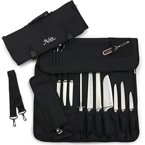 Chef’s Knife Roll Bag (14 slots) Holds 10 Knives PLUS Meat Cleaver, Utility Pocket, AND 4 Tasting Spoons! Our Durable Knife Carrier Includes Shoulder Strap and Name Card Holder. (Knives Not Included) Cover