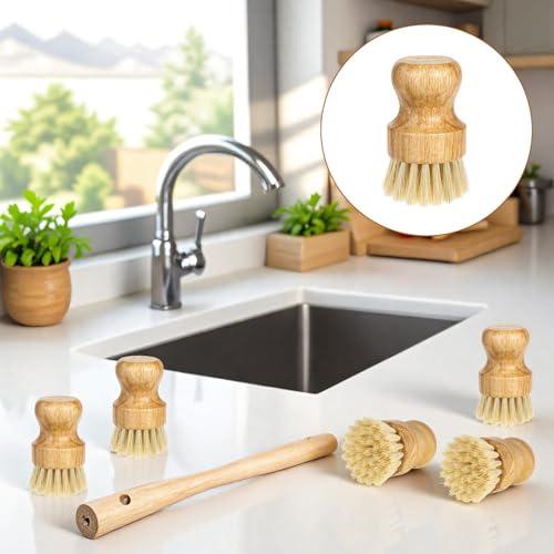 Image of 18 Pcs Bamboo Dish Scrub Brushes Kitchen Dishwashing Cleaning Brush Wooden Scrubbers Set Sisal Bristles Cleaner Scrubber for Washing Cast Iron Pan Pot Sink Spatula (18, Yellow)