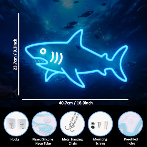 Image of CoolGift Mart Shark Neon Sign, Dimmable LED Shark Light Animal Wall Decor, Christmas Gift White Elephant Gifts for Boys Men, Bedroom Living Room Man Cave Home Decoration With USB Powered